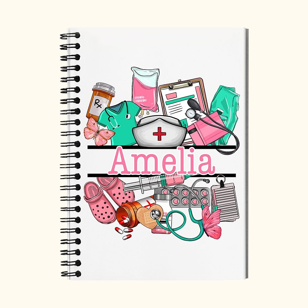 Personalized Nurse Hat Stethoscope Medical Element 120 Pages A5 Lined Spiral Notebook with Name Graduation Appreciation Gift for Nurse Medical Student