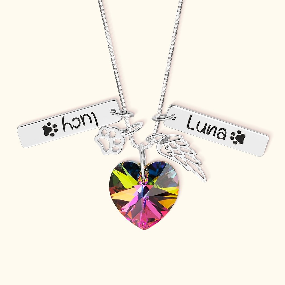 Personalized Engraved Rainbow Bridge Heart Paw Wing 1-3 Names Necklace Decorated with Crystals Sympathy Memorial Gift for Pet Lovers