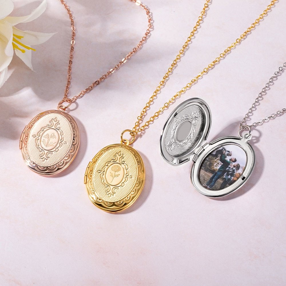 Personalized Engraved Birth Flower Locket Necklace with Photo Mother's Day Birthday Gift for Women
