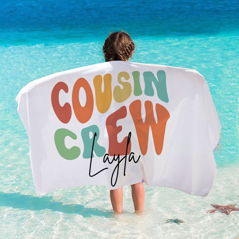 Personalized Colorful Cousin Crew Quick Dry Oversized Beach Towel with Name Summer Travel Essential Gift for Family Kids