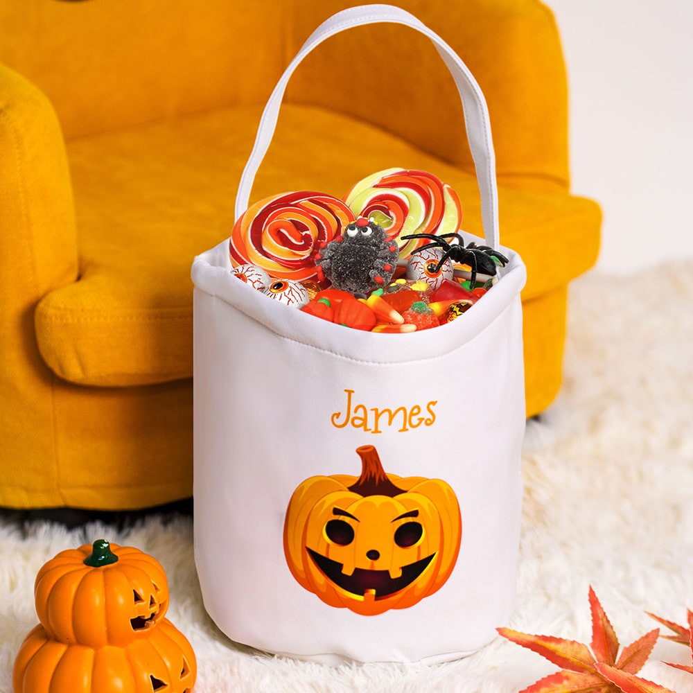 Personalized Pumpkin Witch Hat Design Bucket with Name Halloween Trick or Treat Gift for Kids
