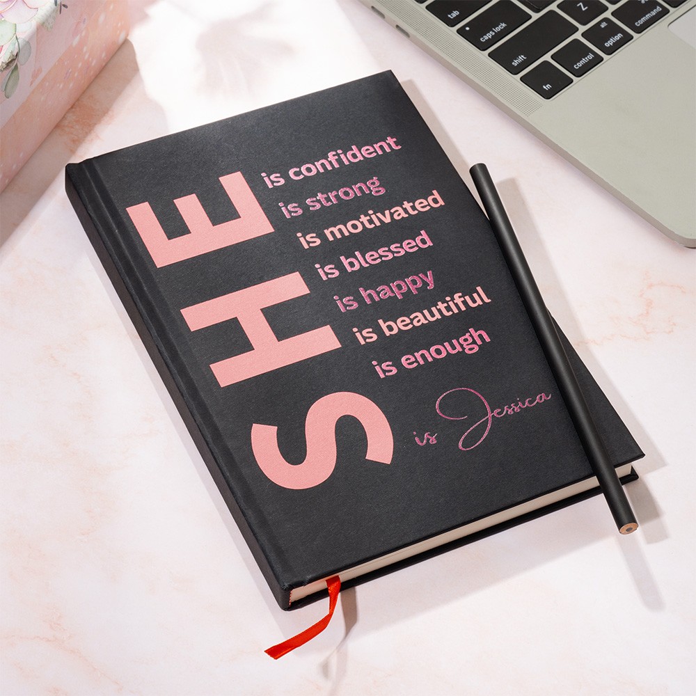Personalized She Is Me Self Care A5 Name Journal Hardcover Notebook with 120 Lined Pages & Free Pencil Inspiring Birthday Affirmation Gift for Women