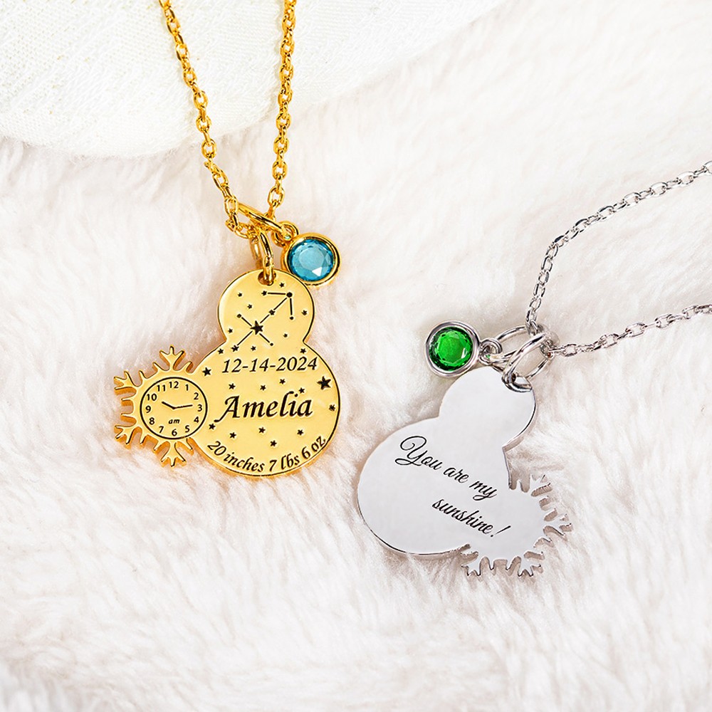 Personalized Dainty Baby Birth Stats Snowman Necklace with Engraved Name and Birthstone Baby Shower Newborn Birth Announcement Gift for New Mom