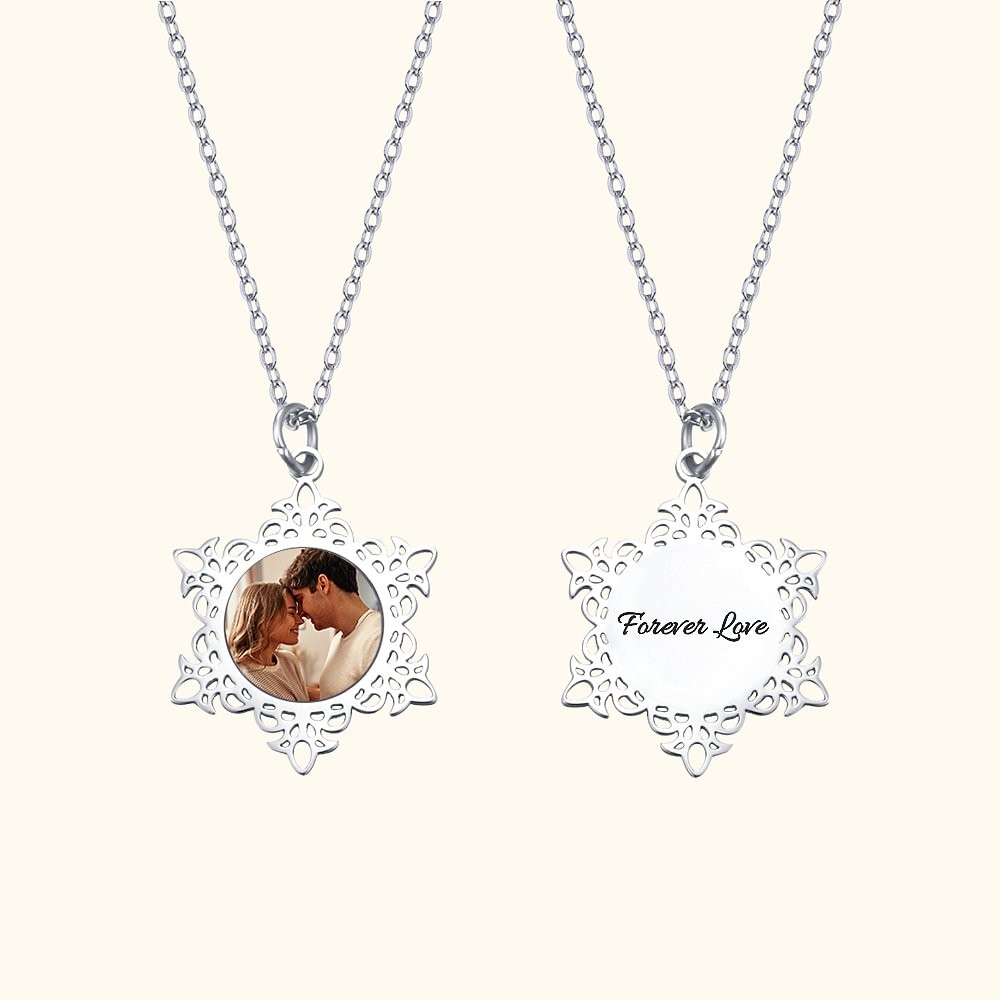 Personalized Dainty Snowflake Photo Necklace with Engraved Text Winter Jewelry Memorial Birthday Christmas Gift for Women Girls