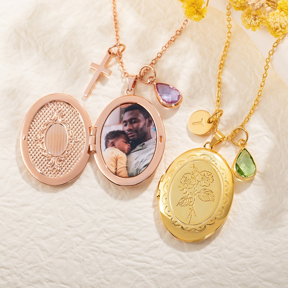 Personalized Engraved Birth Flower Birthstone Photo Locket Necklace with Cross or Initial Charm Dainty Jewelry Birthday Christian Gift for Women