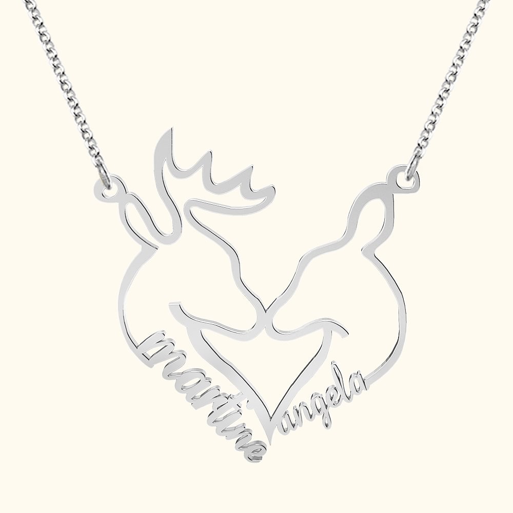 Personalized Heart-Shaped Reindeers Pendant Necklace with Double Names Dainty Jewelry Christmas Birthday Anniversary Gift for Couple Women