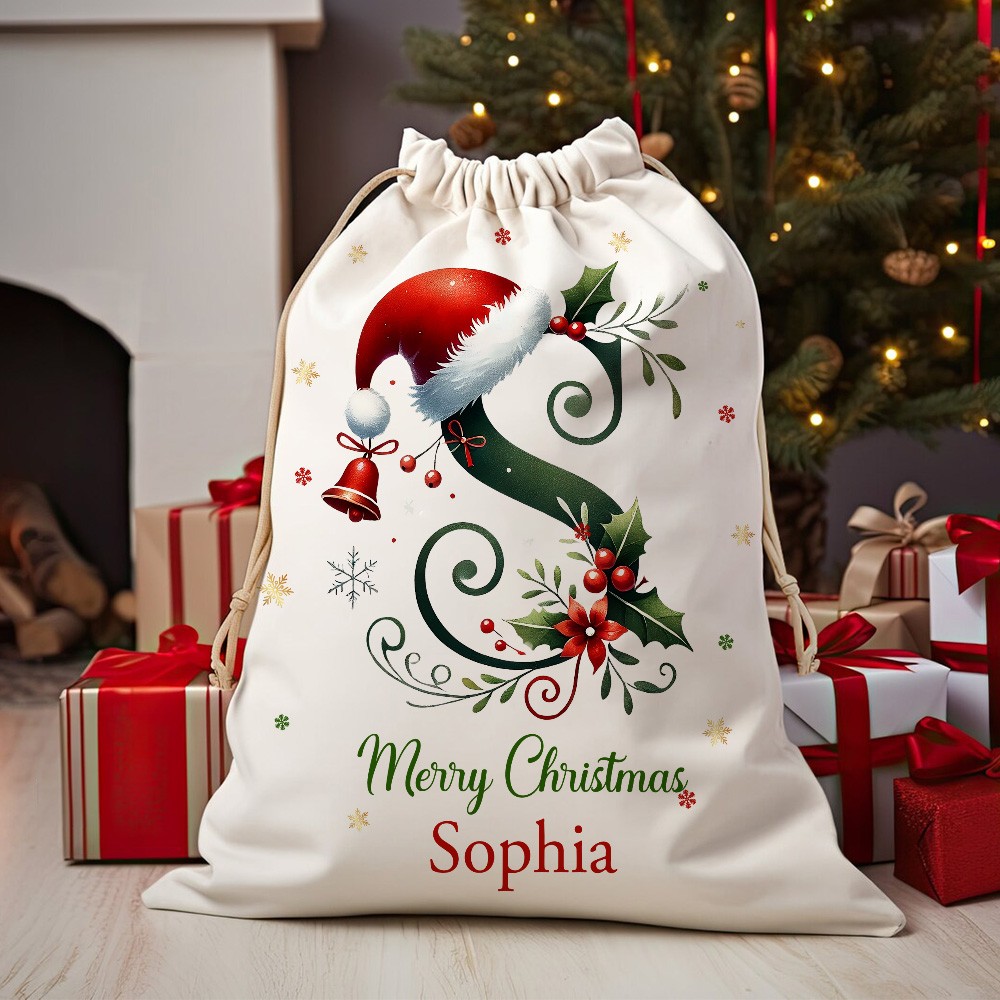 Personalized Bell Holly Santa Hat Initial Drawstring Canvas Gift Bag with Name and Text Christmas Party Gift for Family Kids