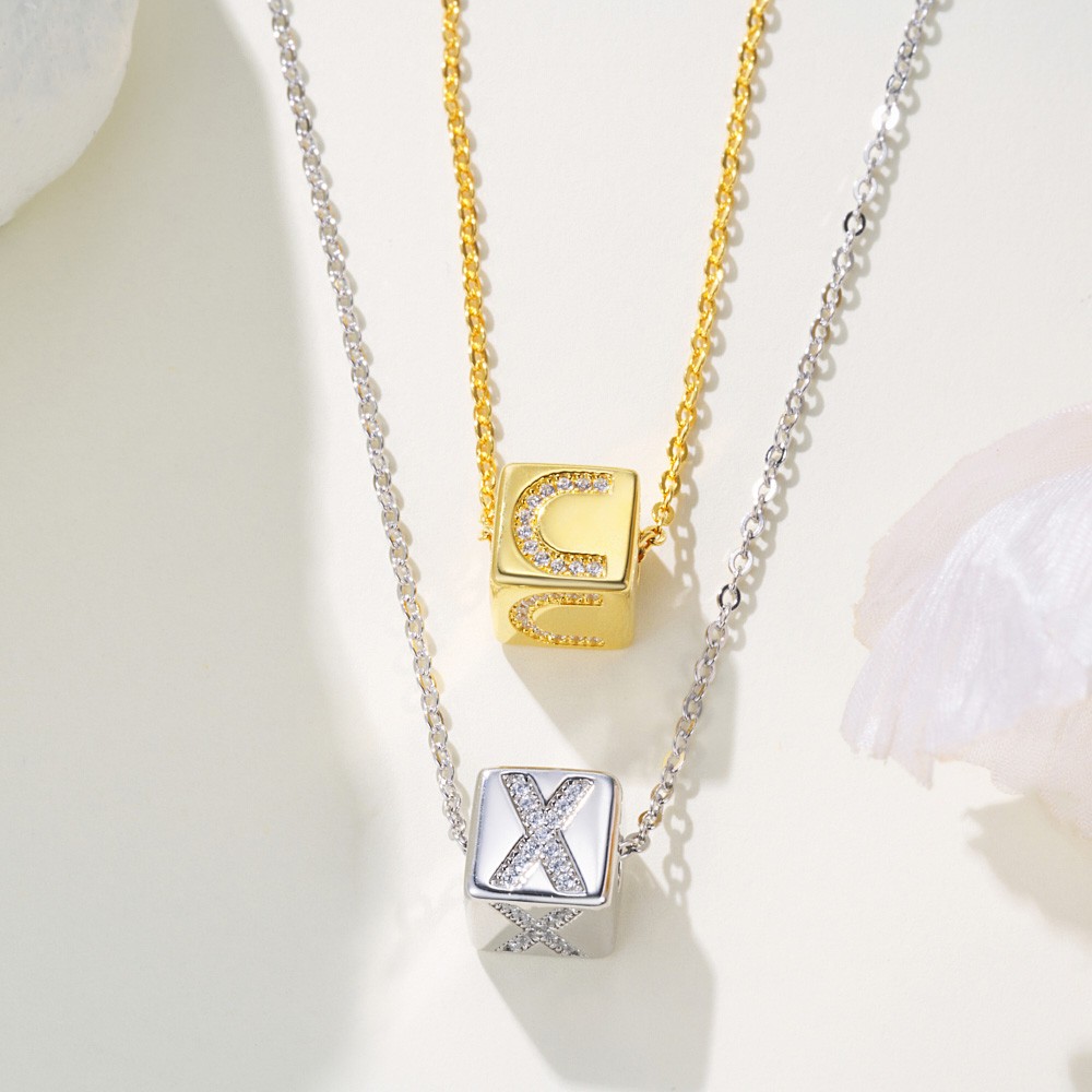 Personalized Cube Letter Pendant Necklace Adorned with Zircon Dainty Jewelry Birthday Anniversary Gift for Couple Women