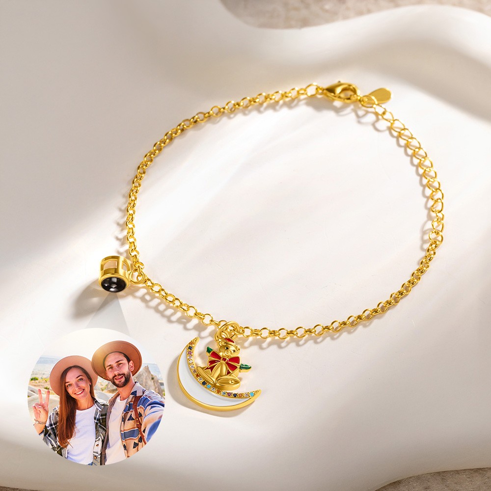 Personalized Dainty Christmas Tree Santa Claus Bells Photo Projection Necklace or Bracelet Christmas Gift for Women