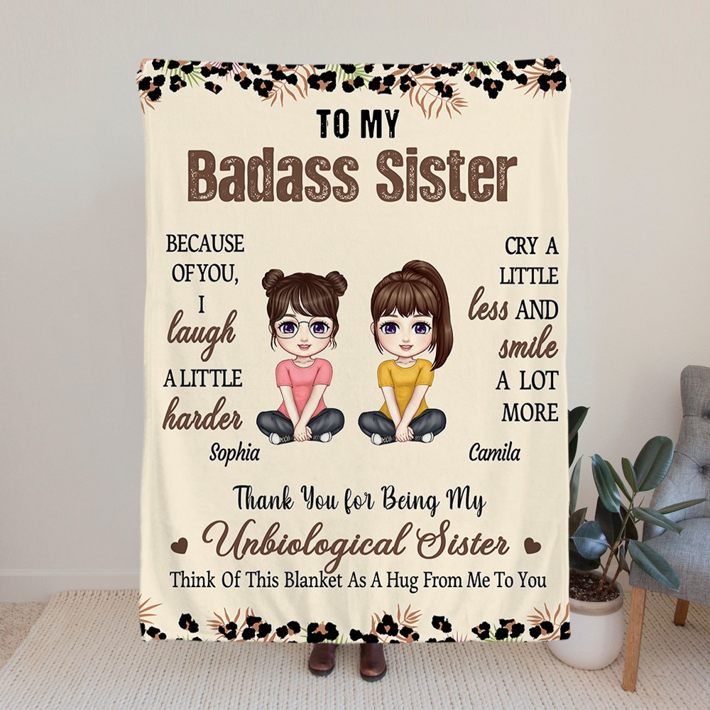Personalized Badass Sister Brother Leopard Print Cartoon Soft Throw Blanket with Names Home Decor Birthday Friendship Gift for Besties Friends