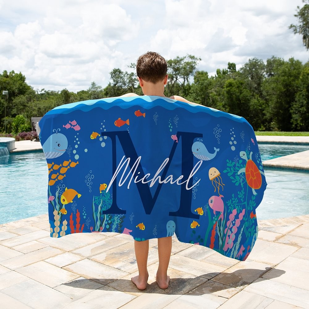 Personalized Quick Dry Ocean World Oversized Microfiber Kids Beach Towel with Initial and Name Summer Travel Essential Gift for Boys Girls