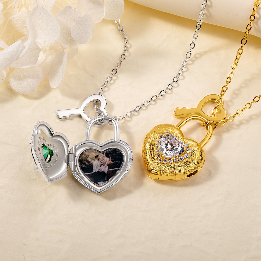 Personalized Love Lock Photo Locket Necklace with Heart Birthstone and Key Charm Dainty Jewelry Birthday Anniversary Gift for Women