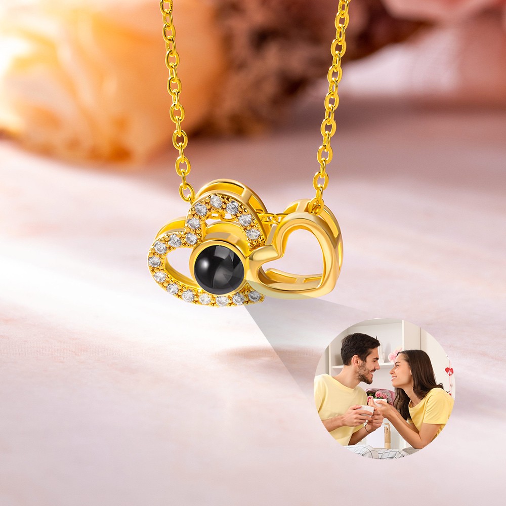 Personalized Double Hollow Heart Zircon Photo Projection Necklace Dainty Jewelry Valentine's Day Birthday Anniversary Gift for Women