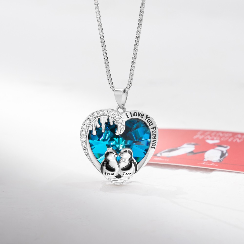 Personalized Dazzling Heart Crystal Zircon Penguin Couple Pendant Necklace with Engraved Names Valentine's Day Anniversary Gift for Loved One