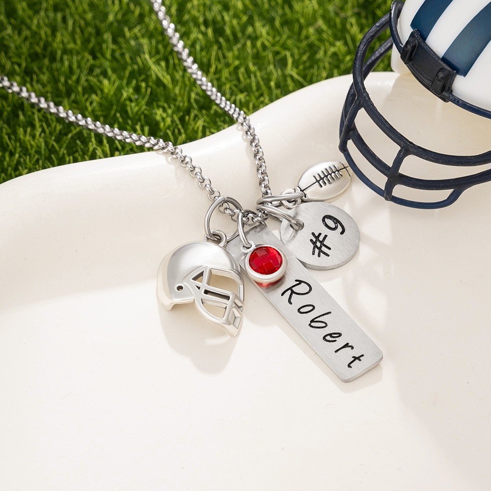Personalized Birthstone Football Helmet Necklace with Engraved Name and Number Game Day Team Birthday Gift for Sports Lover