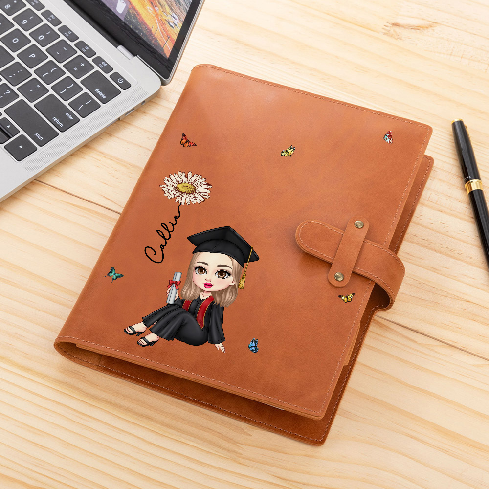 Personalized Cute Cartoon Women Graduate Birth Flower A5 Leather Notebook Cover with Name Birthday Graduation Gift for Graduates