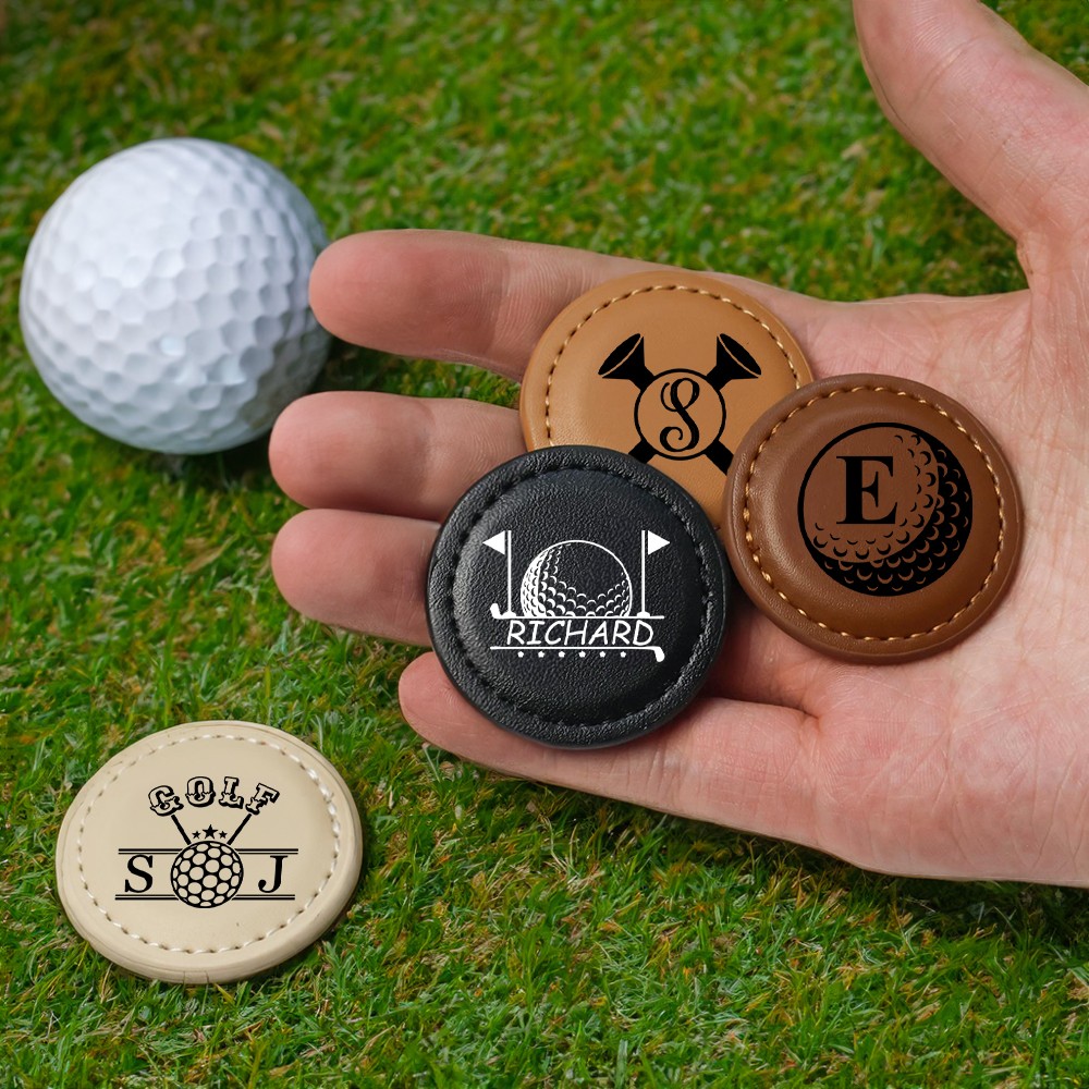 Personalized Golf Clubs Monogram Leather Magnetic Golf Ball Marker with Initial and Name Set of 2 Club Birthday Father's Day Gift for Golf Lovers