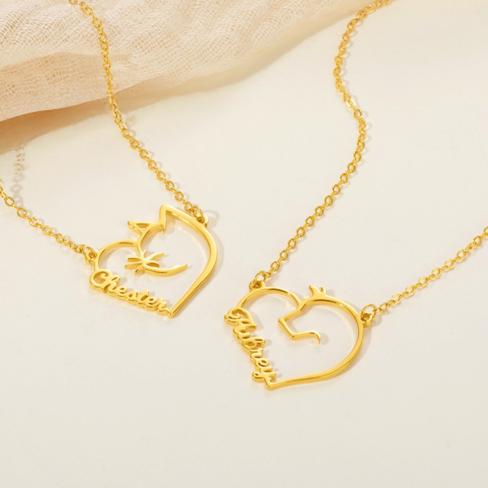 Personalized Heart Shape Cat Dog Pet Outline Necklace with Name Birthday Pet Party Gift for Women Pet Lovers
