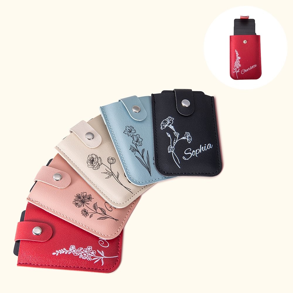 Personalized Portable Birth Flower Mini Pull-out Leather Card Holder Wallet with Name and Multiple Card Slots Mother's Day Birthday Gift for Her