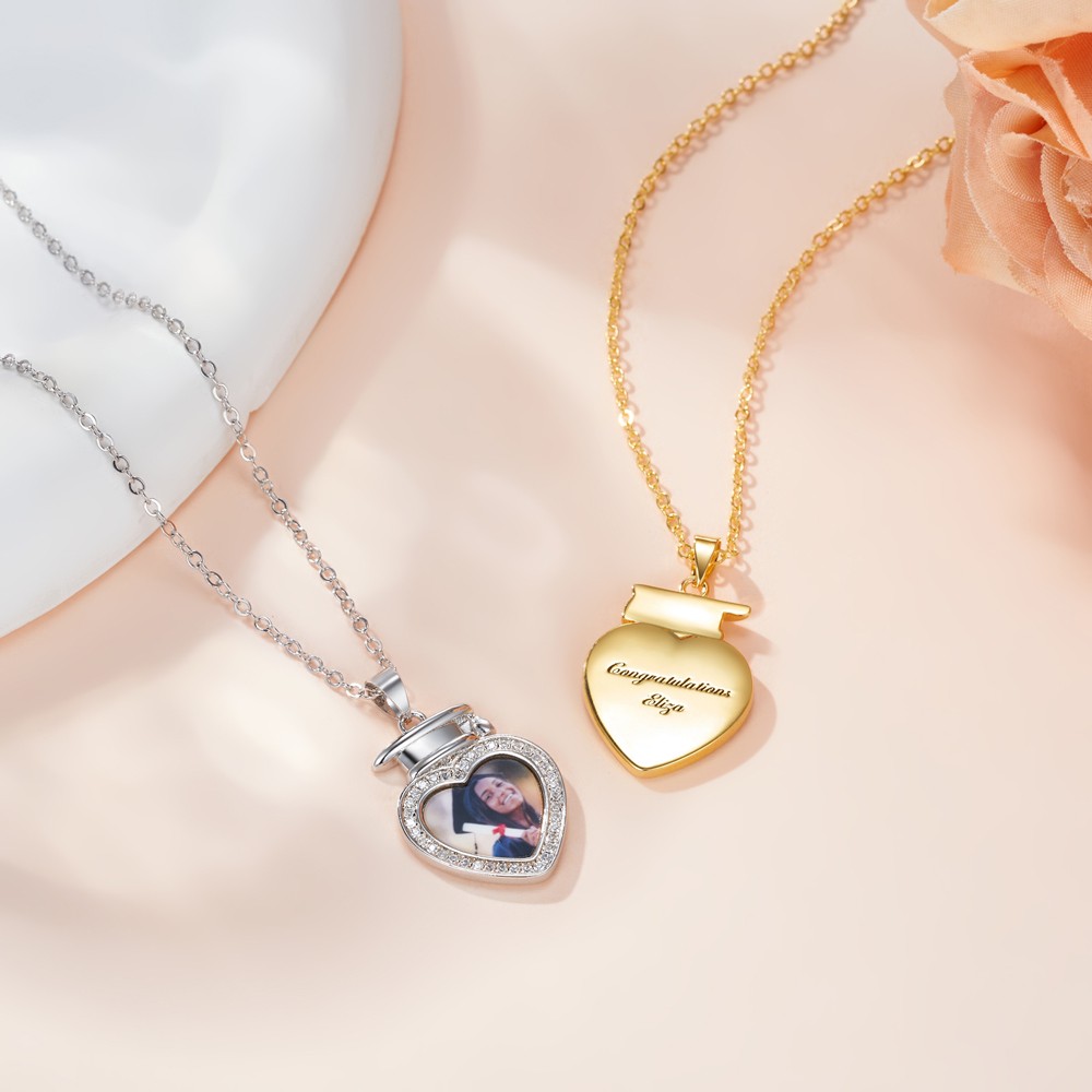 Personalized Dainty Grad Cap Heart Zircon Photo Necklace with Engraved Text Graduate Jewelry Birthday Graduation Gift for Women