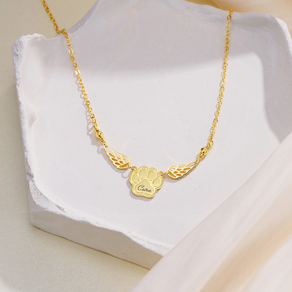 Personalized Bilateral Hollow Angel Wings Paw Print Necklace with Name Birthday Pet Loss Memorial Gift for Pet Owners Lovers