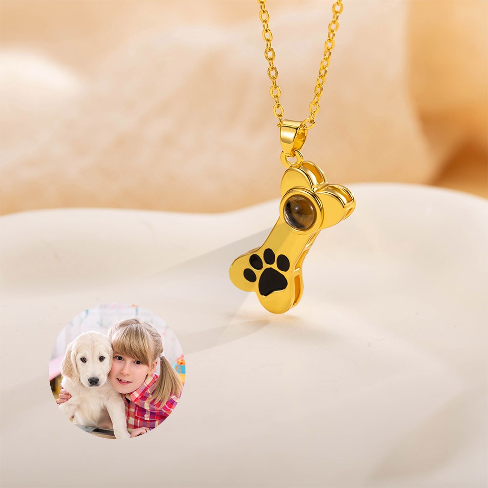 Personalized Dog Cat Bone Paw Print Photo Projection Necklace with Engraved Name Dainty Jewelry Memorial Birthday Gift for Women Pet Owners