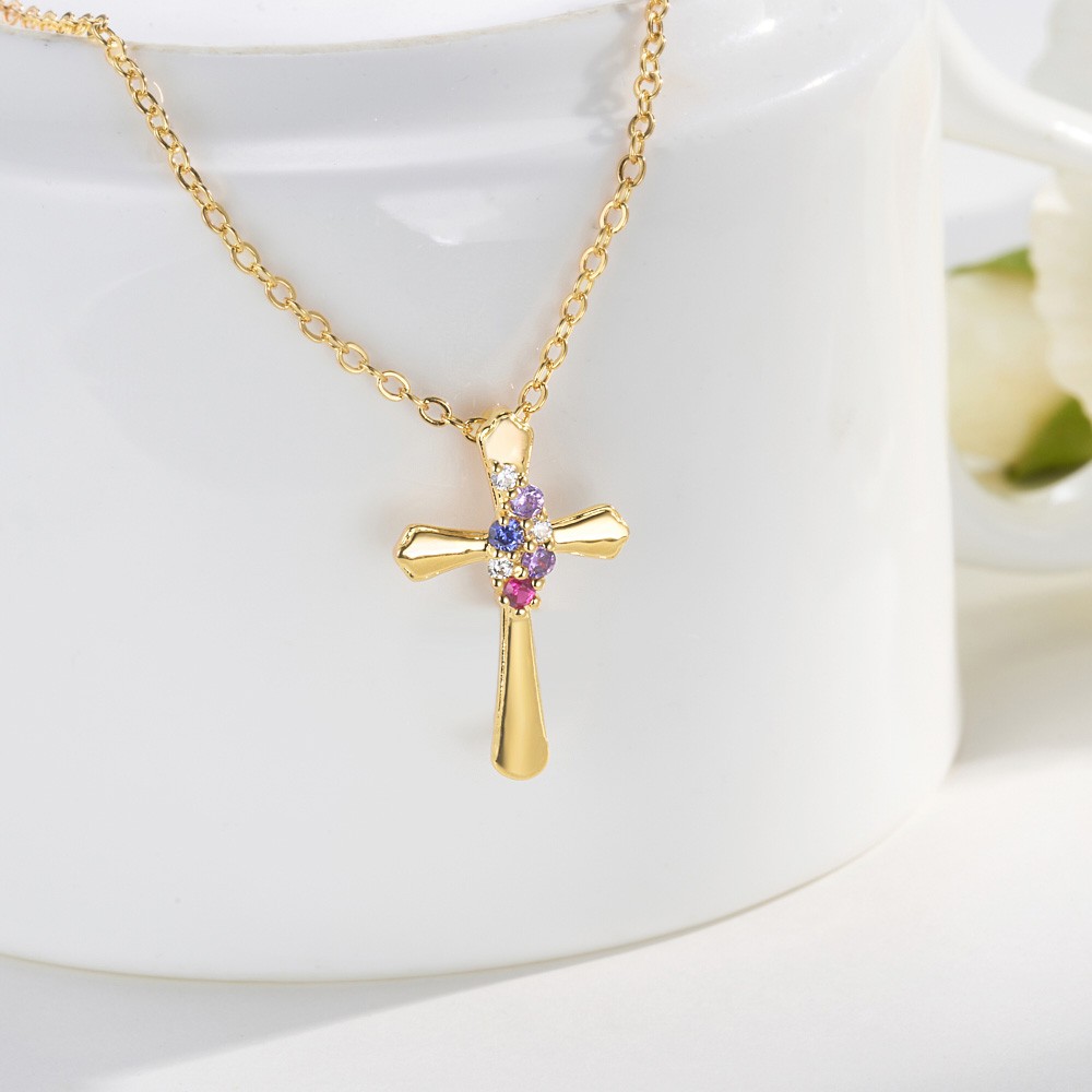 Personalized Dainty Zircon Cross Necklace with 1-4 Birthstones Religious Jewelry Birthday Baptism Mother's Day Gift for Women Christian