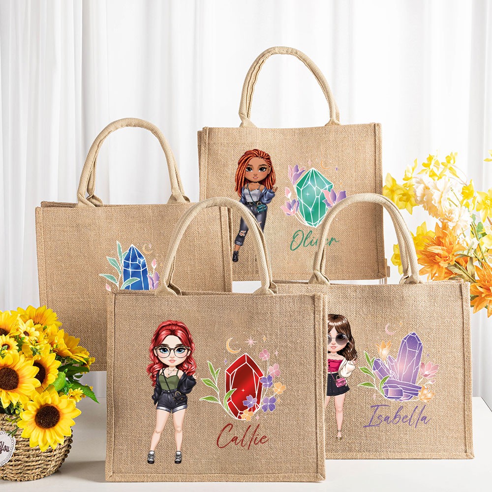 Personalized Cartoon Fashion Girl Birthstone Jute Tote Bag with Name  Travel Accessories Birthday Gift for Women