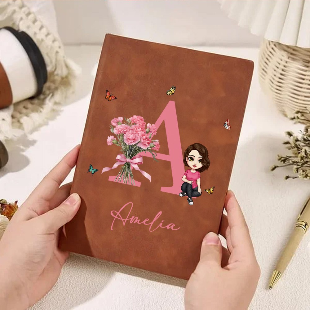 Personalized Cartoon Character Birth Flower A5 A6 PU Leather Notebook with Name and Initial Office Supplies Birthday Gift for Family Friends