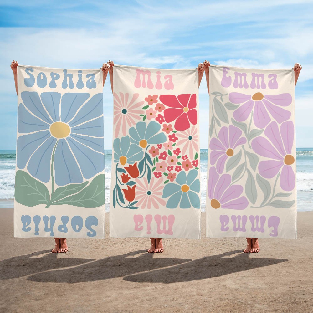 Personalized Floral Beach Towel with Name Quick Dry Oversized Pool Towel Gift for Women