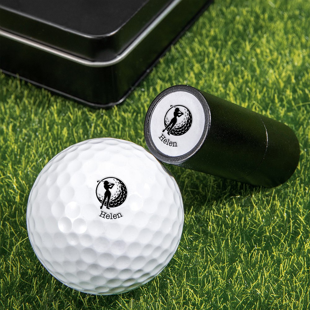 Personalized Swing Female Character Golf Ball Stamp with Name and Metal Storage Box Golf Accessory Birthday Sports Gift for Women Golf Players Lovers