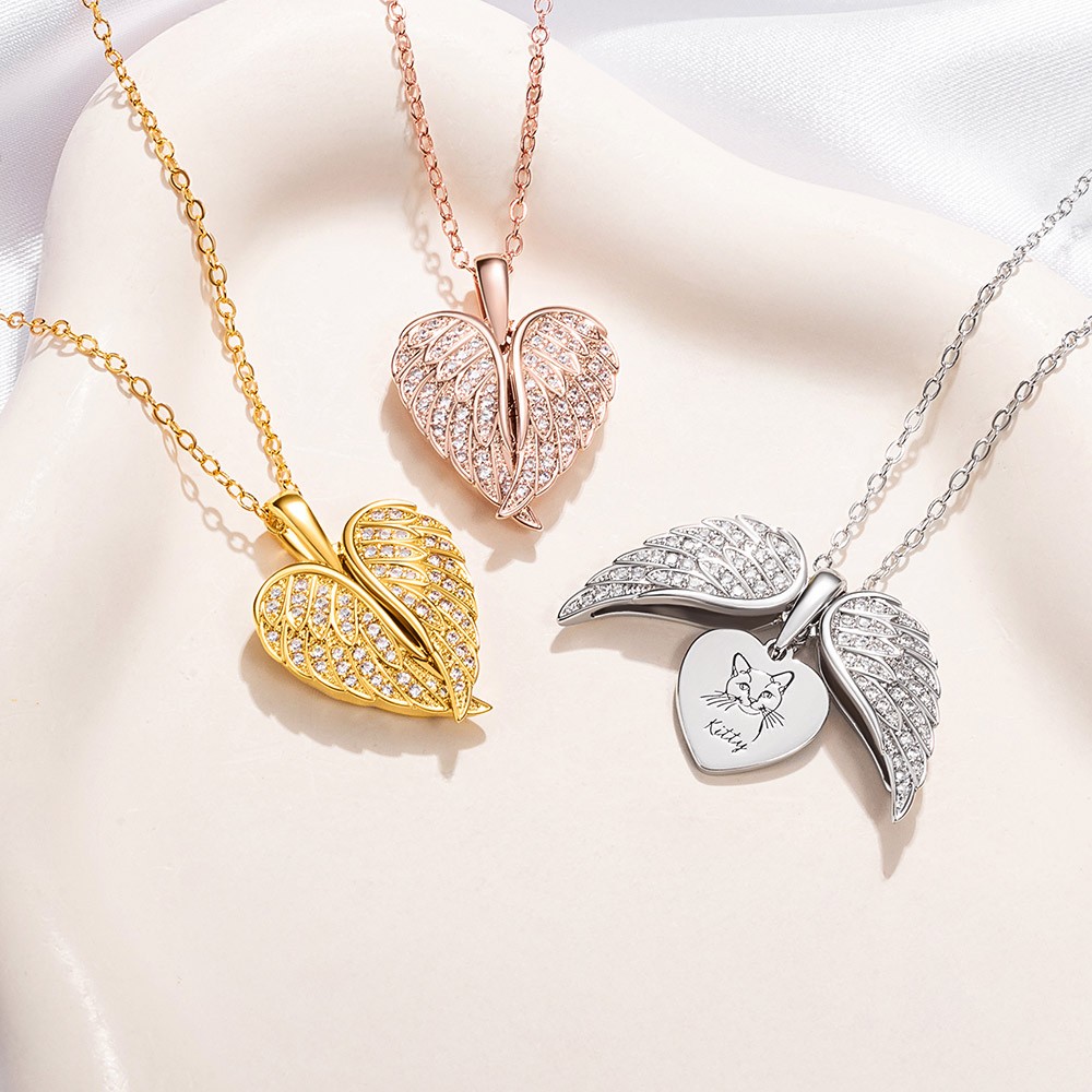 Personalized Zircon Angel Wings Dog Cat Portrait Heart Necklace Dainty Jewelry Birthday Pet Loss Memorial Gift for Pet Owners Lovers