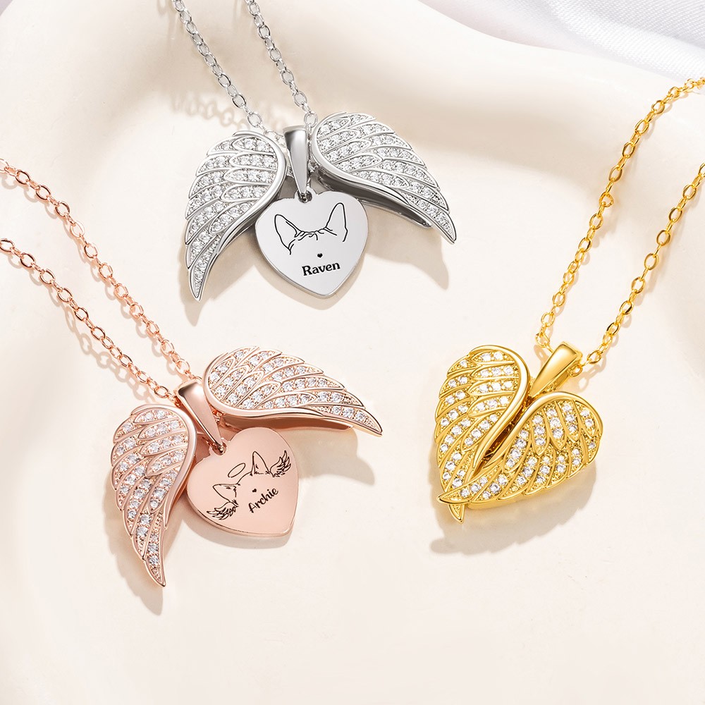 Personalized Dainty Angel Wings Dog Cat Ears Outline Heart Necklace with Engraved Name Birthday Pet Loss Memorial Gift for Pet Owners Lovers