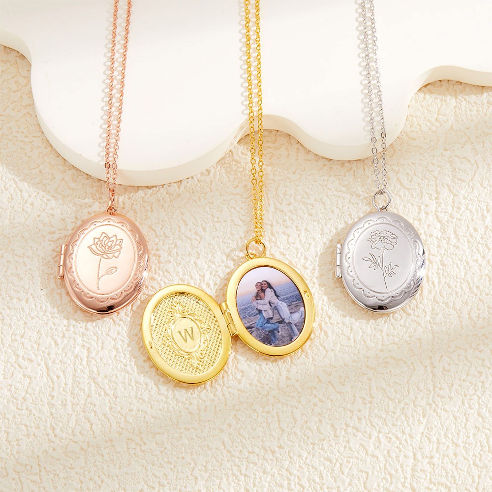 Personalized Engraved Birth Flower Locket Necklace with Photo and Initial Mother's Day Birthday Gift for Women