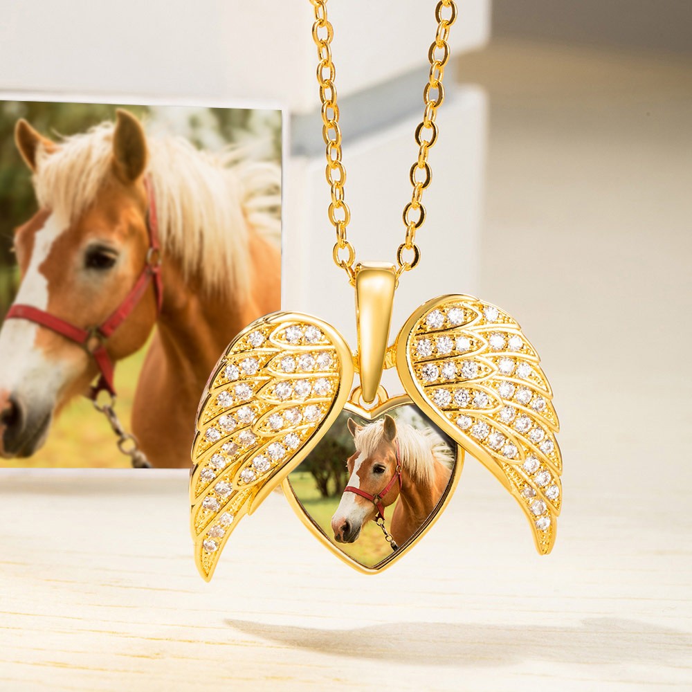 Personalized Cubic Zircon Guardian Angel Wings Heart Photo Women Necklace Birthday Valentine's Day Memorial Gift for Horse Lovers