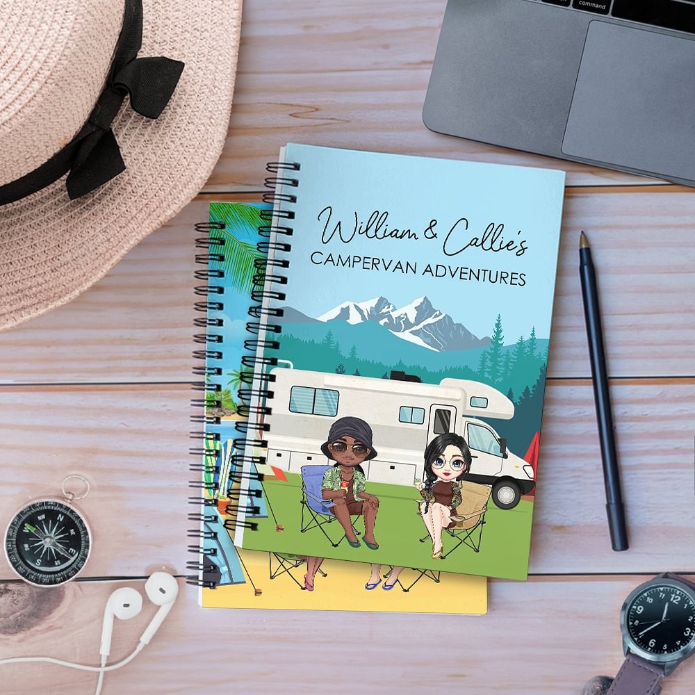 Personalized Campervan Tent Cartoon Character Spiral Notebook with Name and Text Travel Birthday Gift for Friend Family
