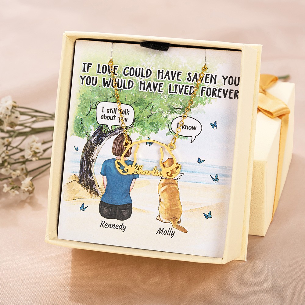 Personalized Line Dog Cat Pet Angel Wings Necklace with Name and Card Memorial Jewelry Sympathy Sentimental Gift for Pet Owners Lovers