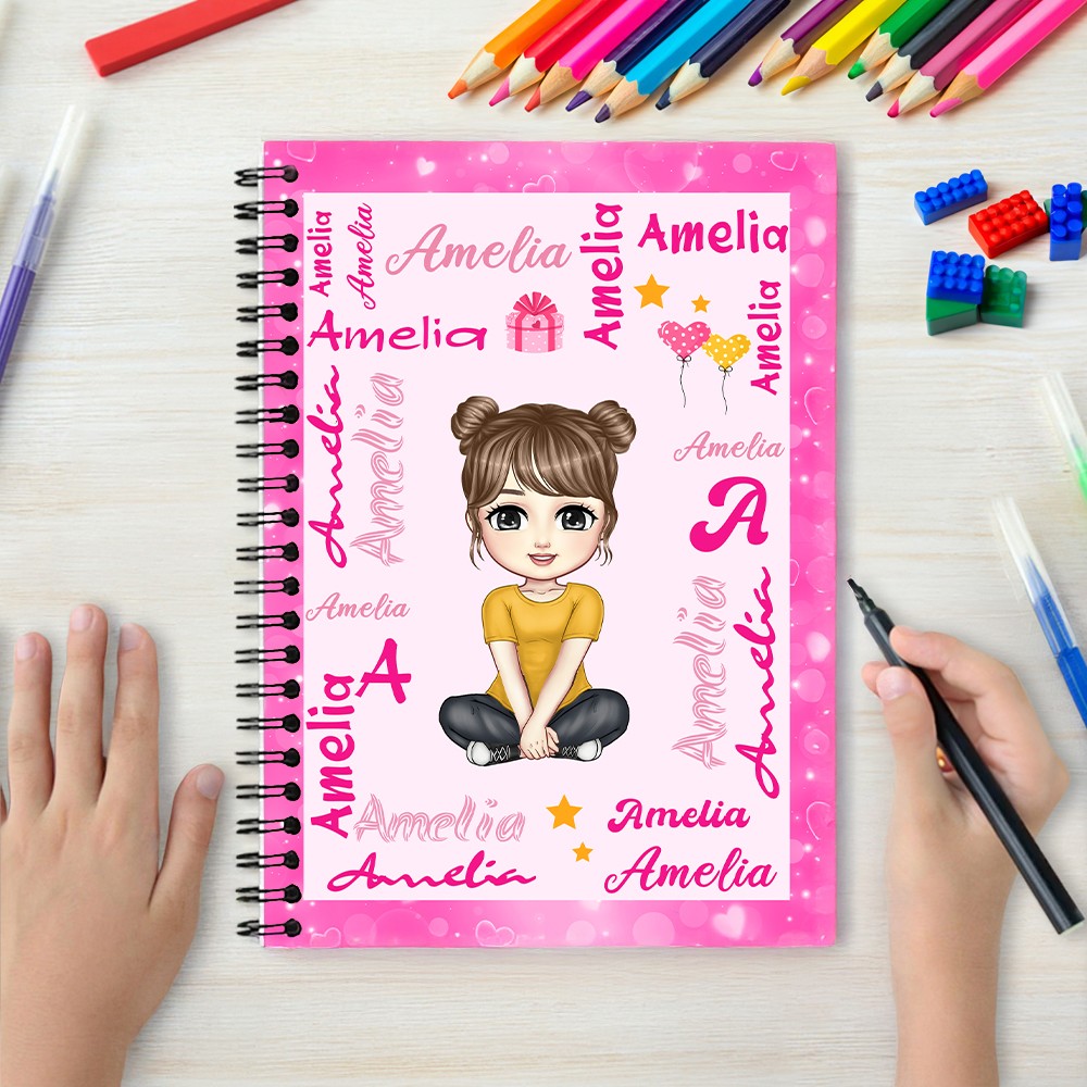 Personalized Cartoon Character Word Cloud Multicolor A5 Spiral Notebook with Name and Initial Anniversary Birthday Gift for Girls Boys