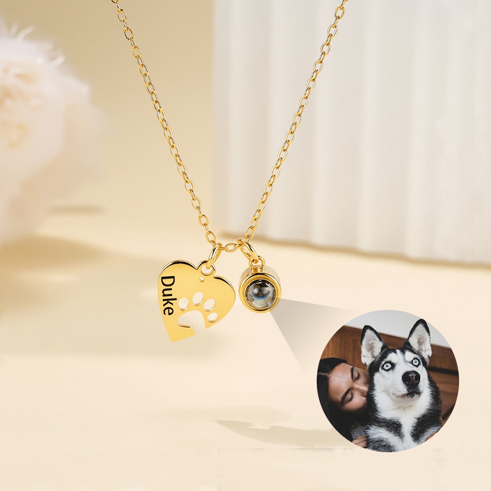 Personalized Heart Paw Projection Necklace with Engraved Name Pet Loss Memorial Jewelry Birthday Gift for Pet Lovers Owners