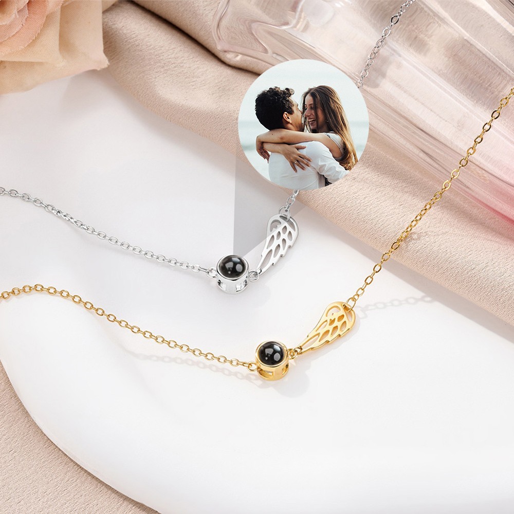 Personalized Angel Wing Photo Projection Necklace with I Love You in 100 Languages Sympathy Memorial Gift for Women