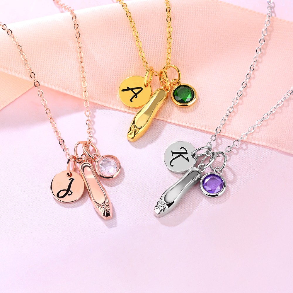 Personalized Ballet Shoe Birthstone Necklace with Engraved Initial Birthday Anniversary Women Jewelry Gift for Ballerina