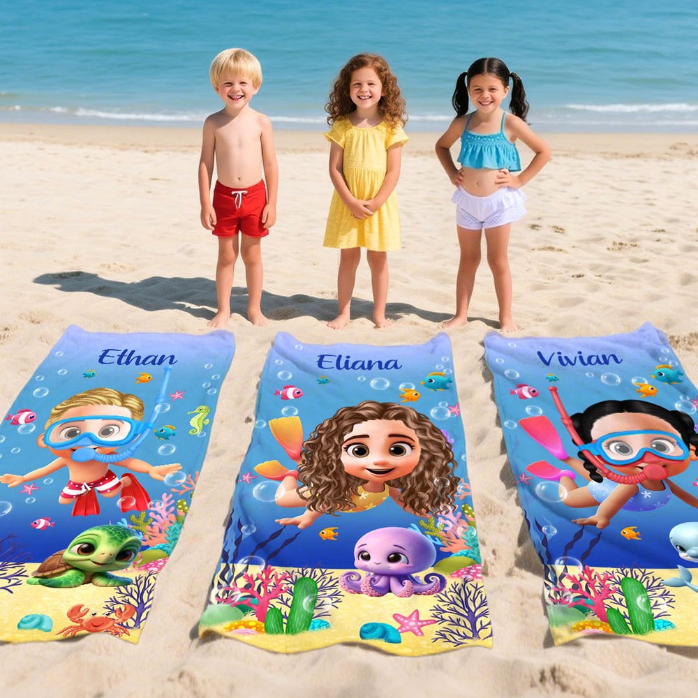 Personalized 3D Diving Kid Beach Towel with Name Quick Dry Oversized Towel for Boys and Girls