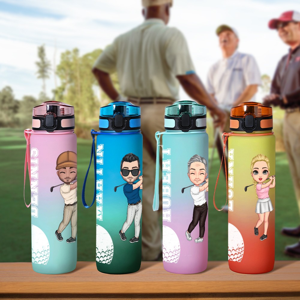 Personalized Cartoon Golf Character 32 oz Motivational Sport Water Bottle with Time Marker and Name Birthday Gift for Golf Enthusiasts