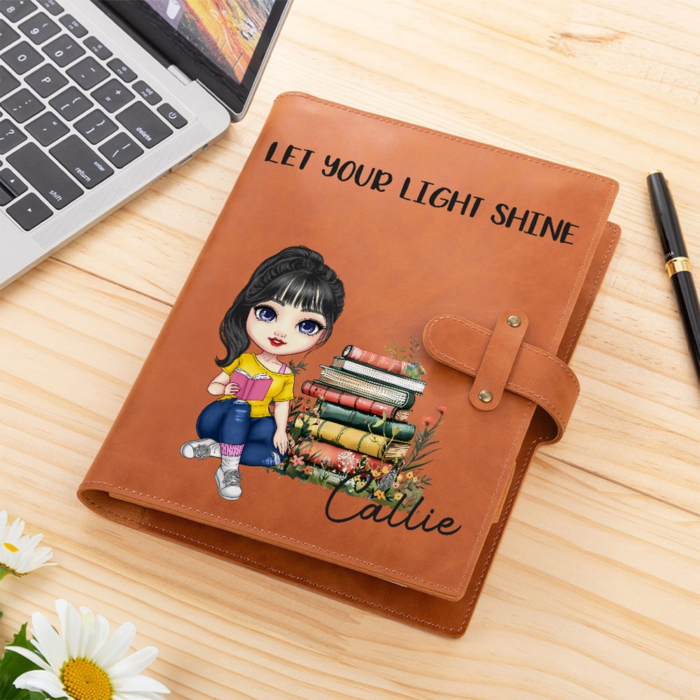 Personalized Floral Book Cartoon Reading Character PU Leather A5 Sketchbook Notebook Cover with Name and Storage Pocket Birthday Gift for Family