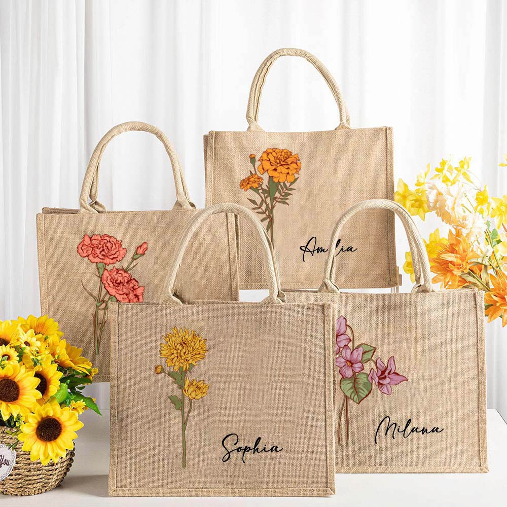 Personalized Birth Flower Jute Tote Bag with Name Large Beach Bag Gift for Women