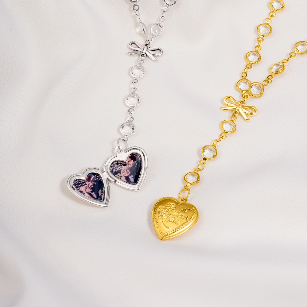 Personalized Coquette Bow Knot Heart-Shaped Necklace Dainty Jewelry with 1-2 Photos Birthday Anniversary Gift for Women