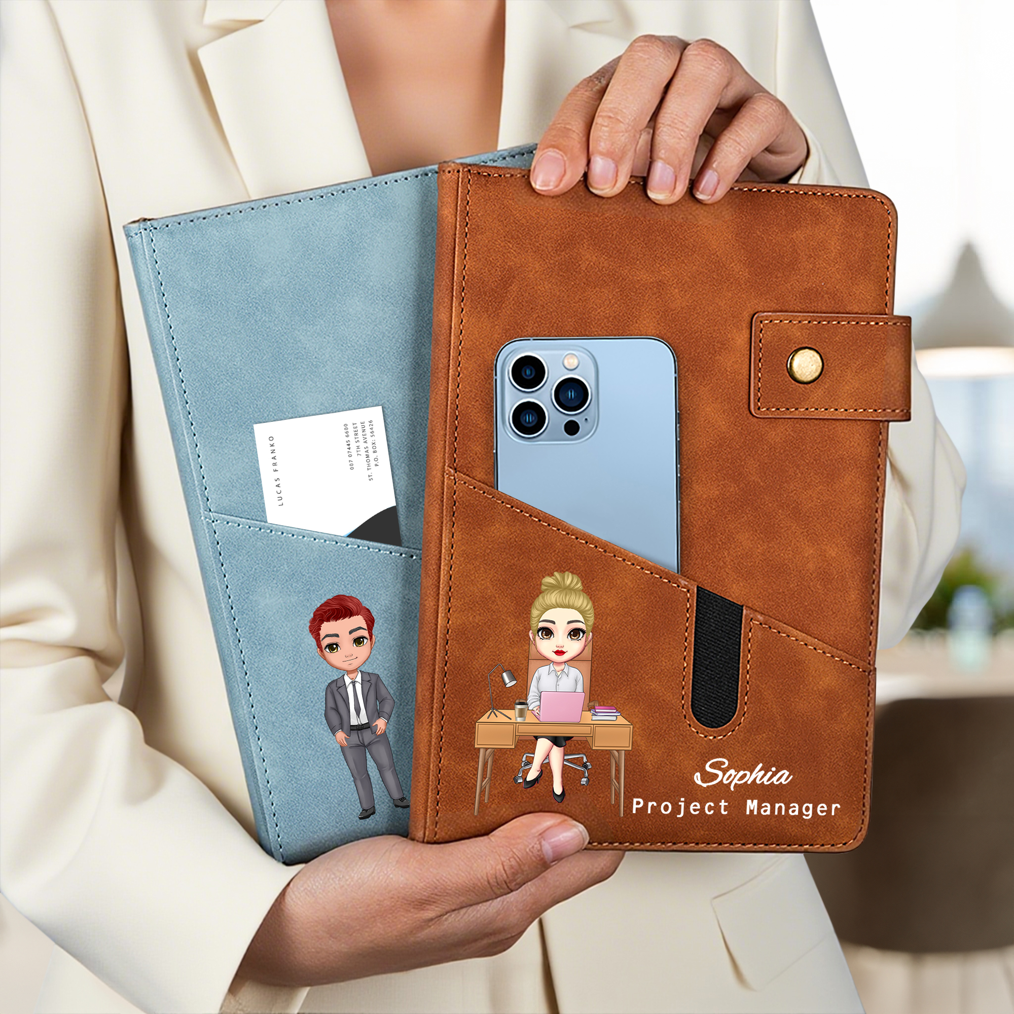 Personalized Cartoon Character Name PU Leather A5 Notebook with Storage Pocket and Lined Pages Daily Essentials Birthday Gift for Office Workers