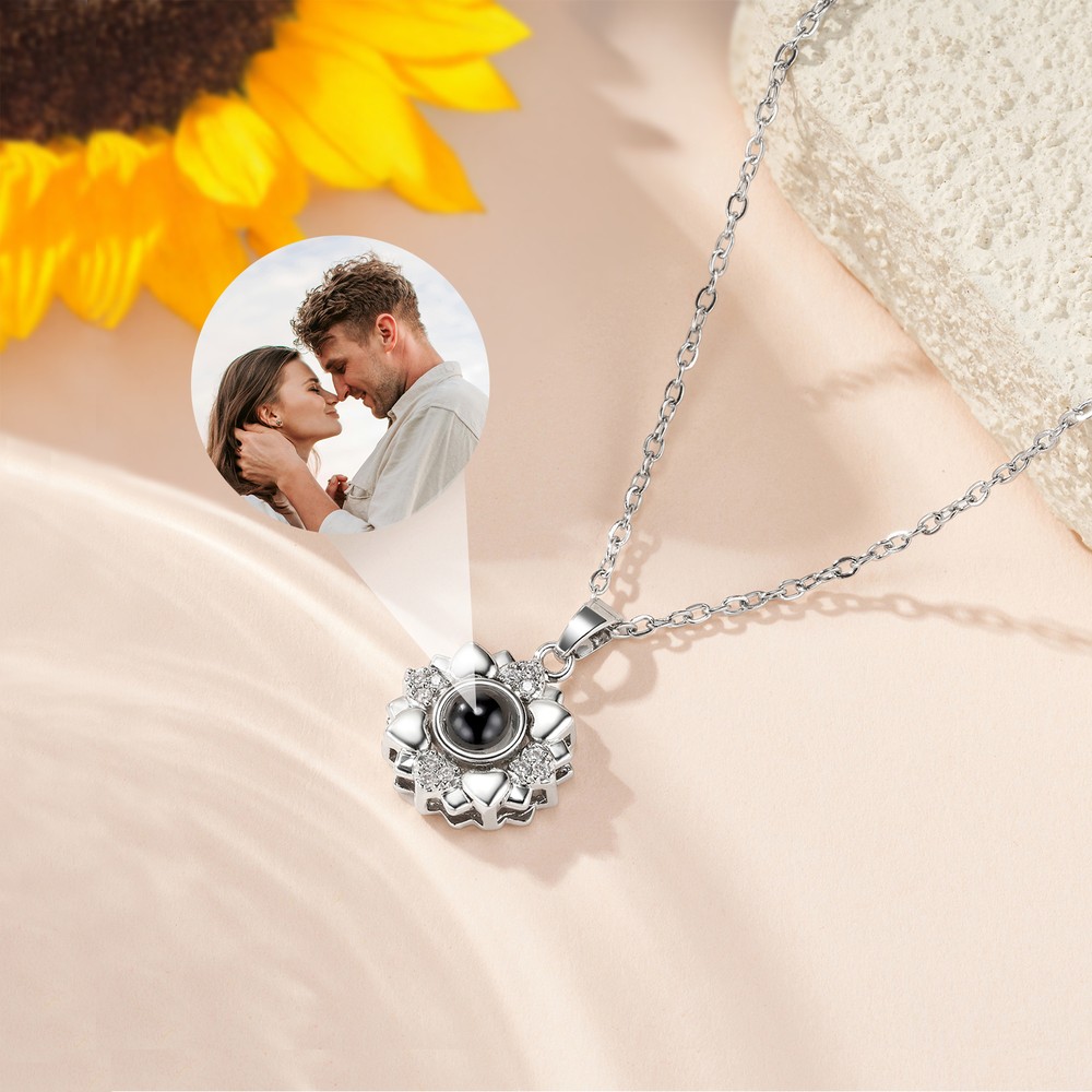 Personalized Sunflower Photo Projection Necklace with 100 Languages I Love You Dainty Jewelry  Birthday Anniversary Gift for Women