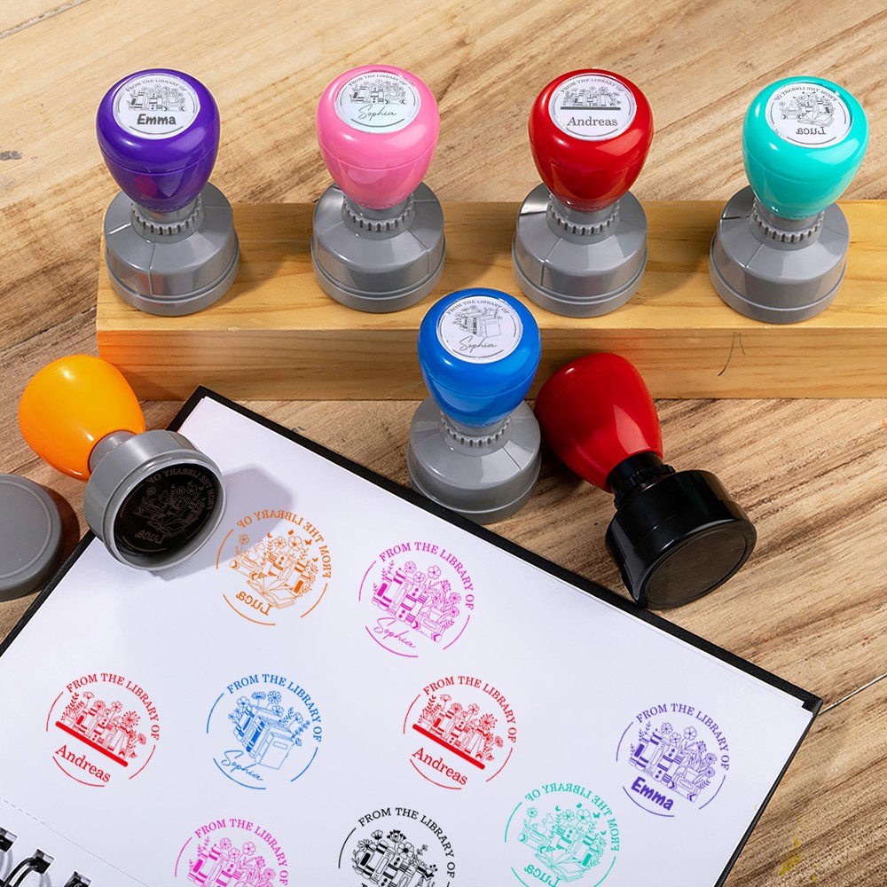 Personalized Multicolor Floral Book Pattern Stamp with Text and Name Teacher's Day Reading Motivation Birthday Gift for Teachers Book Lovers