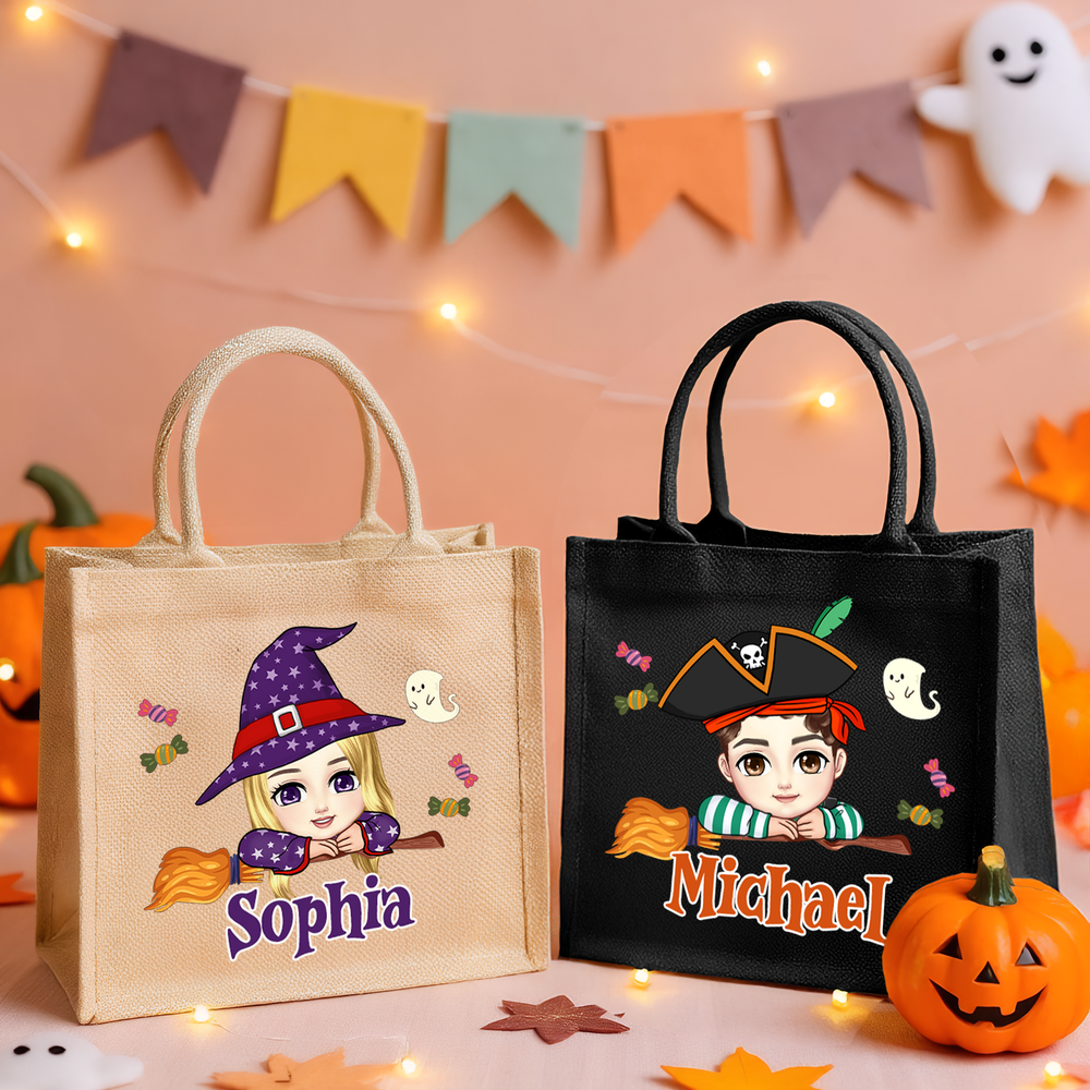 Personalized Halloween Broom Cartoon Character Large Capacity Tote Bag with Name Halloween Party Gift for Kids